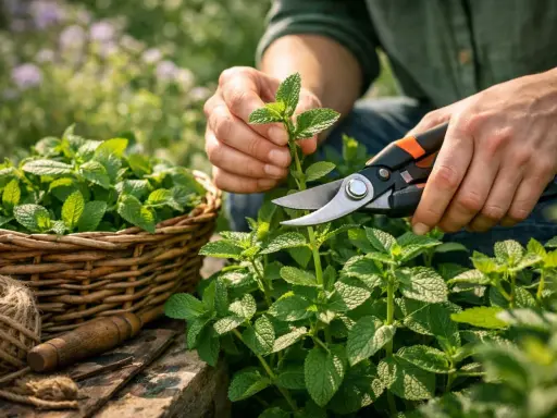 Récolte de menthe fraîche pour savoir comment faire pousser de la menthe. Un panier déborde de feuilles vertes.
