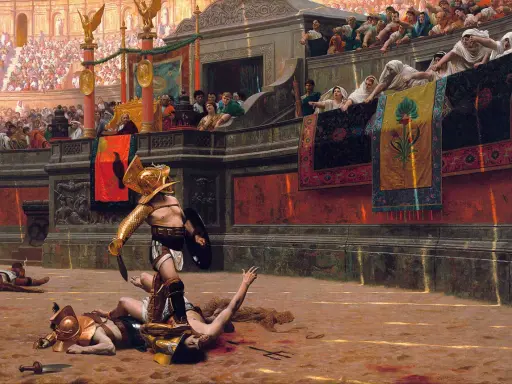 Ein siegreicher Gladiator im alten Rom steht über seinen besiegten Gegnern. Die Menge jubelt von den Rängen.