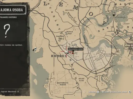 Mapa RDR2 z zaznaczoną lokacją "Nieznajoma osoba" w Rhodes. Rozpocznij nowe rdr2 misje, by odkryć tajemnicę.