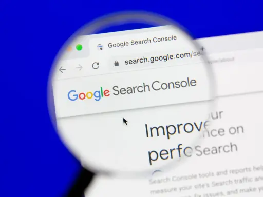Google Search Console pomaga w indeksowaniu strony. Widok strony z lupą.