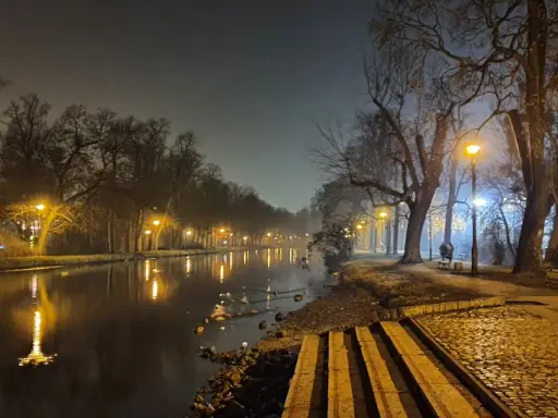 Mglisty wieczór nad **Bydgoszczą**, latarnie oświetlają spokojną **rzekę** i aleję drzew.