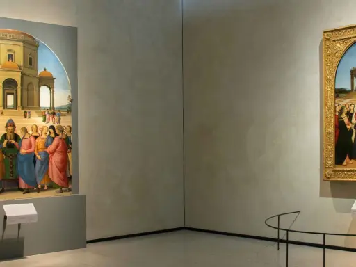Due dipinti rinascimentali, uno di Raffaello e uno di Perugino, raffigurano il Matrimonio della Vergine con un edificio centrale.