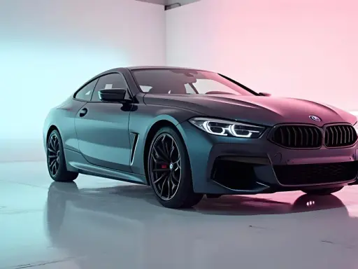 Elegancka, ciemna coupe BMW z podświetlanymi światłami, prezentowana na profesjonalnej fotografii samochodowej.