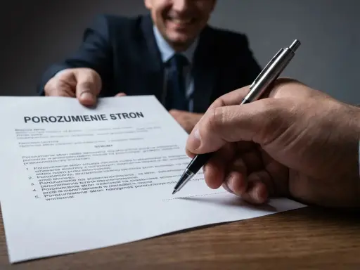 Podpisanie porozumienia stron. Dwie osoby dochodzą do ugody, jedna podaje dokument, druga podpisuje.