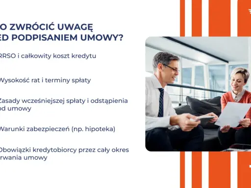 Trzy osoby analizują dokumenty, co sugeruje sprawdzenie umowy kredytowej. Na ekranie widnieje lista punktów do weryfikacji.