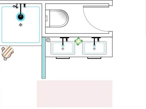 Plano de baño con ducha, inodoro, lavabo doble y toalla. Incluye detalles para planos de baños con medidas.