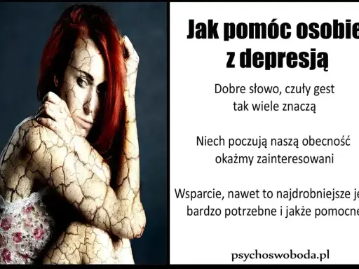 Kobieta z popękaną skórą symbolizuje depresję. Obok tekst: "Jak pomóc osobie z depresją".