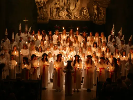 Stor grupp barn och ungdomar i vita kläder och luciakronor, med ljus i händerna, under ett lucia firande i Stockholm.