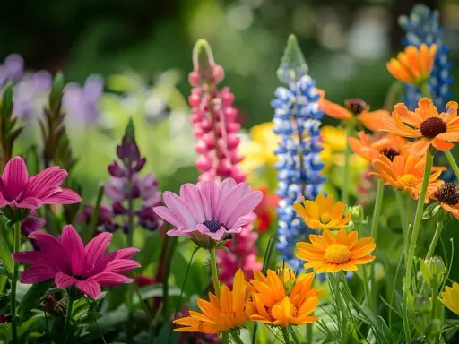 Un joyeux mélange de fleurs colorées, parfaites pour une jardinière : marguerites roses, lupins bleus et roses, et des fleurs orange vif.