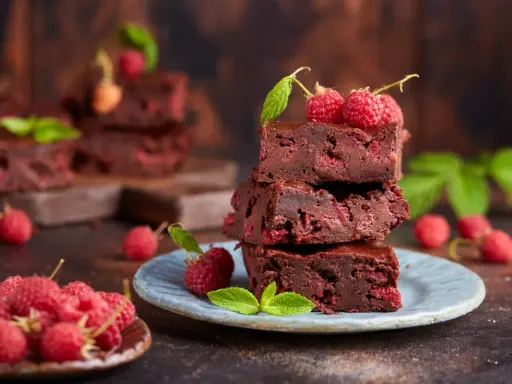 Stos pysznych brownie z malinami, ozdobiony świeżymi malinami i listkami mięty.
