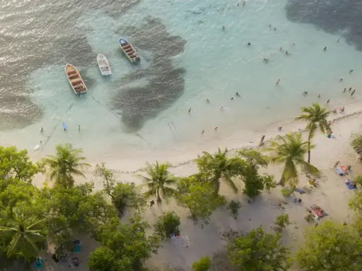 Rajska plaża na Gwadelupie Francuskiej. Ludzie kąpią się w turkusowej wodzie, łodzie kołyszą się przy brzegu, a palmy szumią nad piaszczystą plażą.
