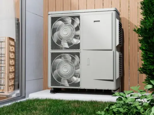 Unidad exterior de una bomba de calor para calefacción, instalada junto a una pared de madera y rodeada de vegetación.