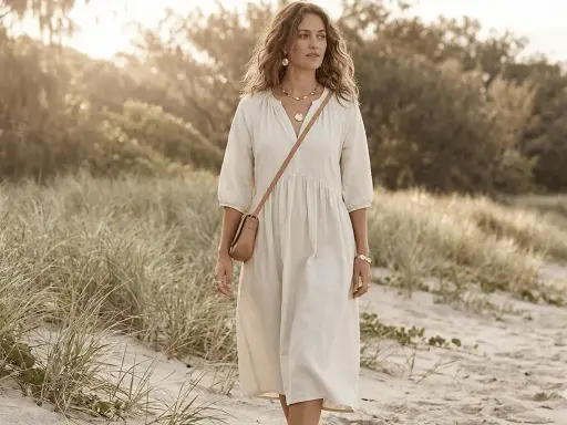 A woman walks on a beach in a flowing white dress, a tan crossbody bag, and gold jewelry. Her look embodies a natural, soft style, perfect for a David Kibbe test.