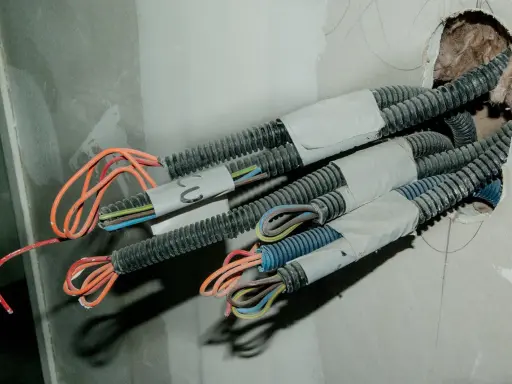 Przewody elektryczne w peszlach wychodzące ze ściany, gotowe do połączenia. Widać kolorowe żyły: pomarańczowe, niebieskie, brązowe, zielono-żółte.