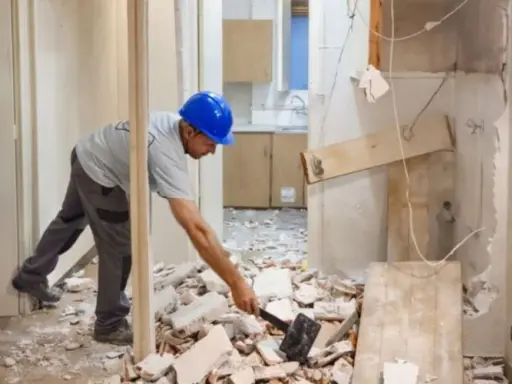 Obrero con casco azul trabajando en la demolición de un tabique, rodeado de escombros.