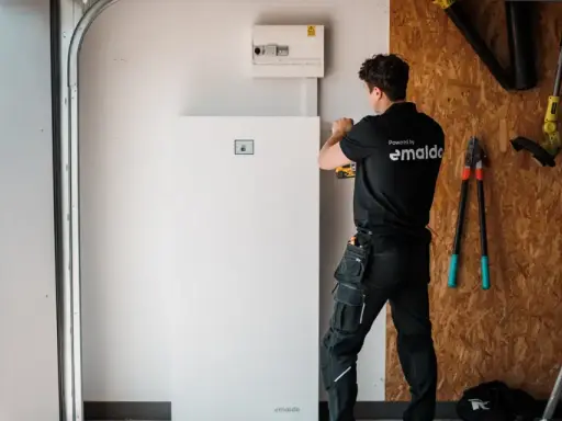 Tekniker installerar ett stort, vitt solpaneler batteri i ett garage. Verktyg hänger på väggen bakom.