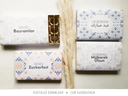 Schöne Geschenkboxen mit Schokolade, ideal, um zu fragen: was schenkt man zum Zuckerfest? Mit Grußbotschaften wie "Frohes Zuckerfest" und "Eid Mubarak".