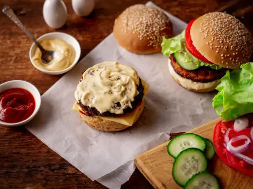 Pyszny burger z bogatym sosem do burgera, ketchupem i świeżymi dodatkami.