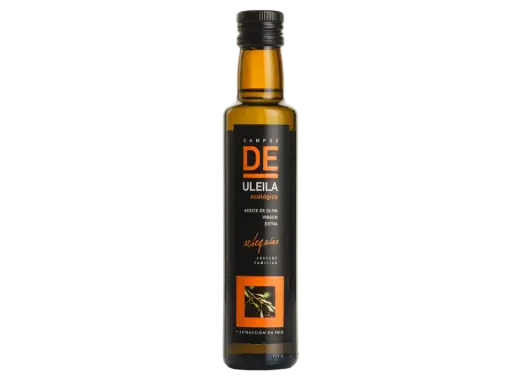 Botella de aceite de oliva virgen extra ecológico Uleila, variedad arbequina. Descubre sus propiedades.