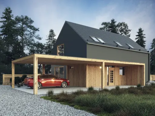 Maison moderne avec carport en bois abritant une voiture rouge. La législation sur les carports est importante pour de tels aménagements.