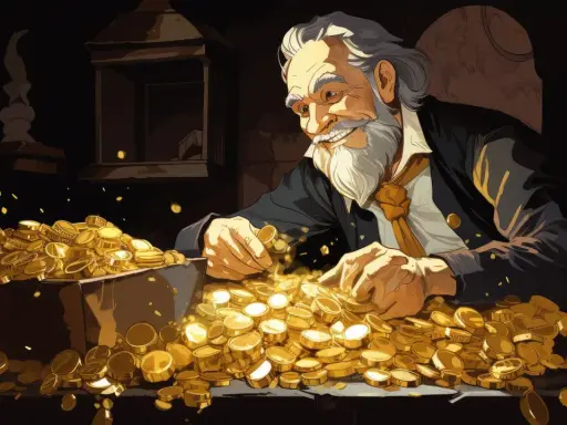 Uśmiechnięty starzec z siwą brodą przegląda stos złotych monet, jakby był postacią z karty 4 monet tarot.