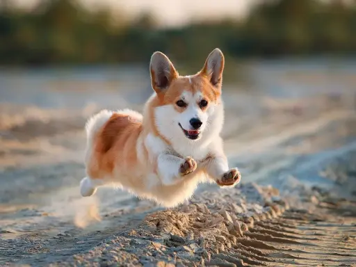 Un adorable corgi nain saute joyeusement sur le sable, ses pattes en l'air, le soleil couchant illuminant son pelage roux et blanc.
