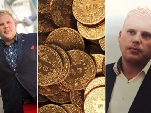 Sylwester Suszek nie żyje. Trzy panele: mężczyzna w garniturze, stos złotych monet Bitcoin, zbliżenie na twarz mężczyzny.