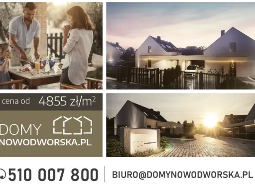 Reklama na ogrodzeniu: nowoczesne domy Nowodworska.pl, cena od 4855 zł/m², tel. 510 007 800.