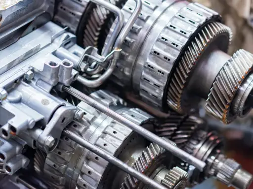 Detalle de engranajes y componentes metálicos de una caja de cambios semiautomática, mostrando su compleja ingeniería.