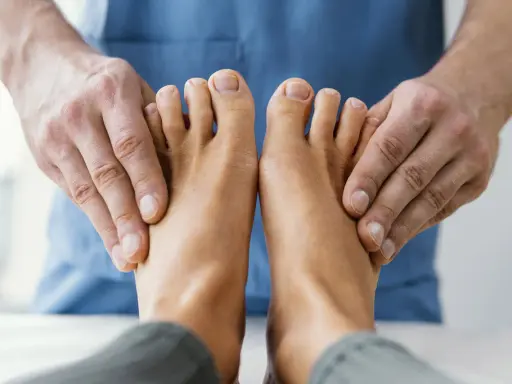 Fizjoterapeuta bada stopy pacjenta, aby zdiagnozować drętwienie palców u nóg.