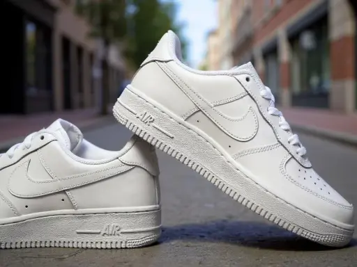 Białe sneakersy Nike Air Force 1 na ulicy. Zastanawiasz się, czym się różnią Air Force 1 od 07? To klasyka!