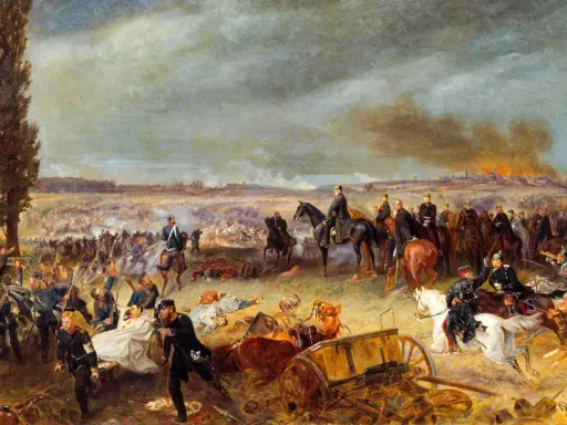 Schlachtfeld mit Soldaten und Verwundeten. Im Hintergrund brennende Stadt. Ein Bild der Einigungskriege Bismarcks.