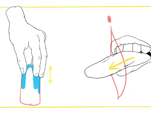 Dłoń trzymająca przedmiot, obok usta z językiem. Ilustracja pokazuje techniki seksu bez penetracji.