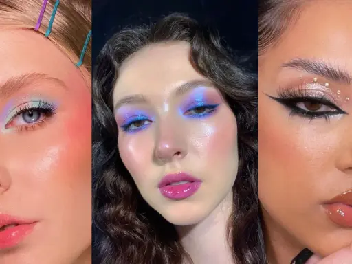 Tres looks de maquillaje para concierto: pastel etéreo, neón vibrante y glitter festivo.