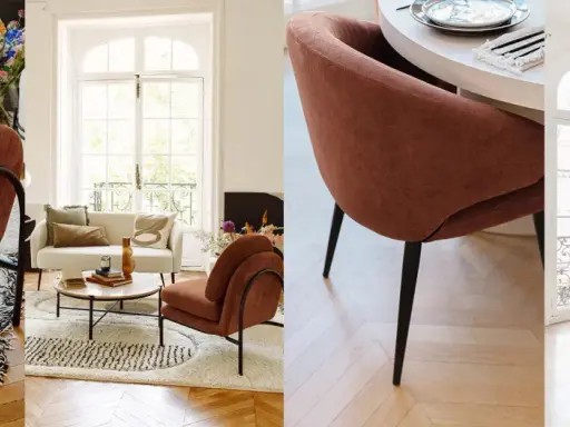 Fauteuils et chaises au tissu doux couleur brun, dans un salon lumineux et une salle à manger moderne.