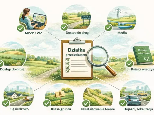 Na co zwrócić uwagę przy zakupie działki: MPZP, dostęp do drogi, media, księga wieczysta, sąsiedztwo, klasa gruntu, ukształtowanie terenu, dojazd.