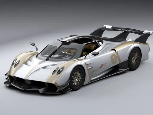 Silber-goldener Pagani Huayra R mit Nummer 1 auf der Seite, bereit für die Rennstrecke.