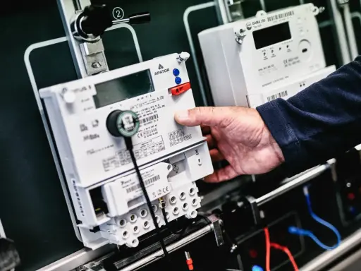Dłoń manipuluje przy liczniku zdalnego odczytu PGE. Nowoczesne urządzenia do monitorowania zużycia energii.
