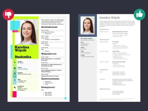 Dwa CV Karoliny Wójcik, studentki finansów i rachunkowości. Jedno z nich jest bardziej rozbudowane, drugie krótsze, co może pomóc w wyborze najlepszego sposobu, jak napisać bio.