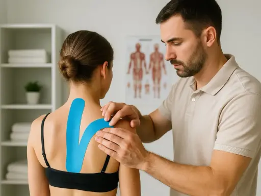 Fizjoterapeuta pokazuje pacjentce, jak odkleić tejpy z ramienia.