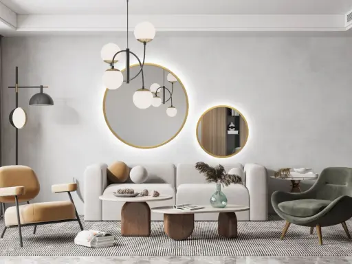 Nowoczesny salon z dwoma okrągłymi lustrami, które stanowią centralny punkt dekoracyjny.