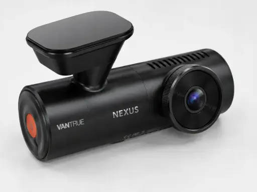 Czarna kamera samochodowa Vantrue Nexus z pomarańczowym przyciskiem. Szukasz vantrue n1 pro instrukcja?