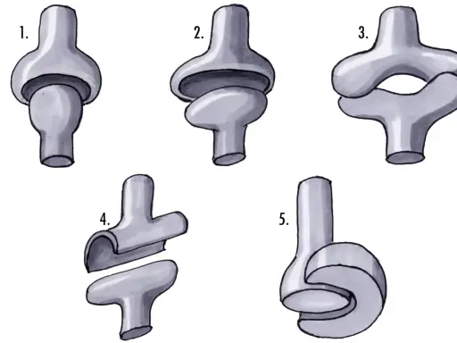 Fünf schematische Darstellungen von mechanische Gelenke Beispielen, die verschiedene Bewegungsarten illustrieren.
