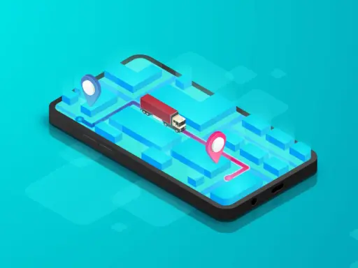 Nowoczesne systemy telematyczne na smartfonie: ciężarówka na mapie z zaznaczoną trasą i punktami docelowymi.