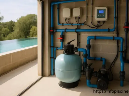 Le plan local technique piscine montre le système de filtration, la pompe et le panneau de contrôle, prêts à maintenir l'eau cristalline.
