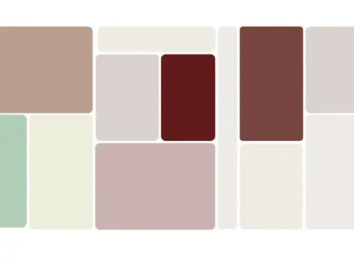 Palette di colori tenui e naturali, con un abbinamento di grigi, beige, verdi salvia e tocchi di bordeaux.
