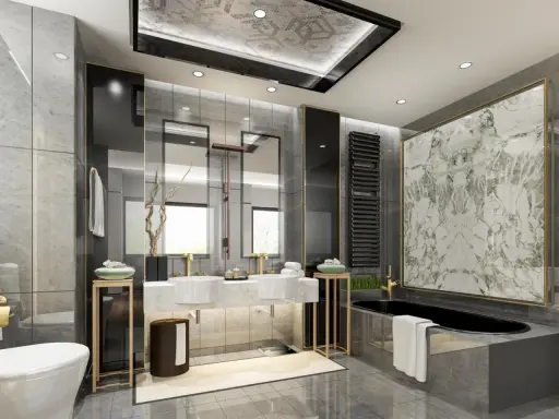 Bagni bellissimi immagini: un bagno moderno con vasca nera, doppio lavabo, specchi e finiture in marmo e oro.