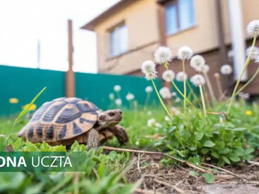 Żółw wodno-lądowy spaceruje po trawie wśród dmuchawców.