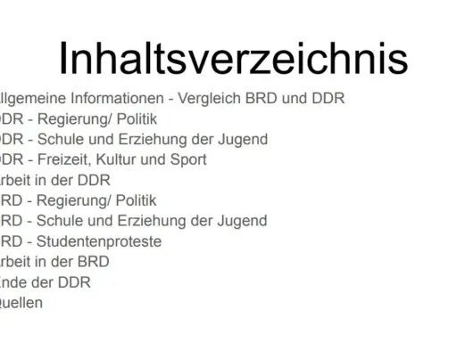 Inhaltsverzeichnis mit Vergleich von BRD und DDR, Themen wie Politik, Schule, Arbeit und Studentenproteste werden beleuchtet.