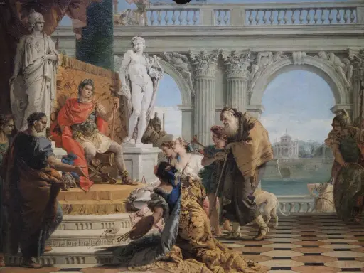 Römischer Herrscher auf Thron, umgeben von Statuen und Menschen. Eine Szene, die an eine **Volksversammlung Rom** erinnert, mit dramatischen Gesten und prächtiger Architektur.